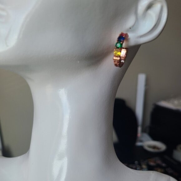 Gorgeous Vintage Rose Gold Rainbow Gemstone Crystal Hoop Earrings Multicolour - Picture 8 of 12